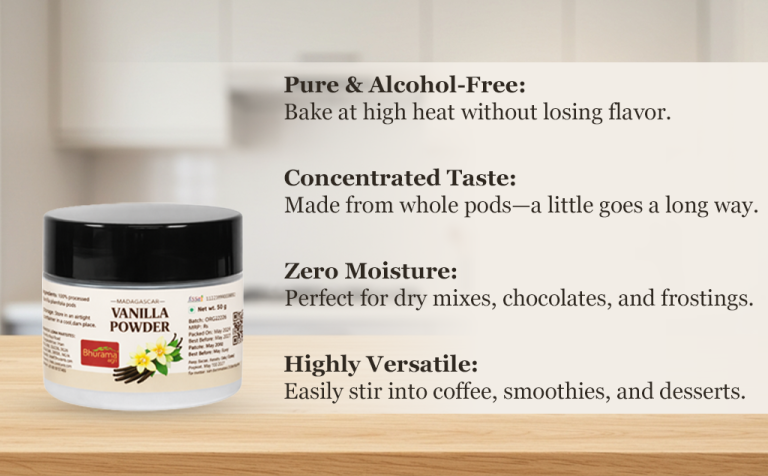 Madagascar vanilla powder jar showing pure and alcohol-free, concentrated taste, zero moisture, and highly versatile benefits