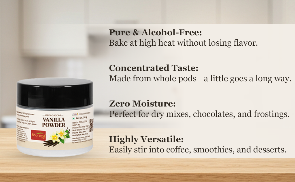 Madagascar vanilla powder jar showing pure and alcohol-free, concentrated taste, zero moisture, and highly versatile benefits