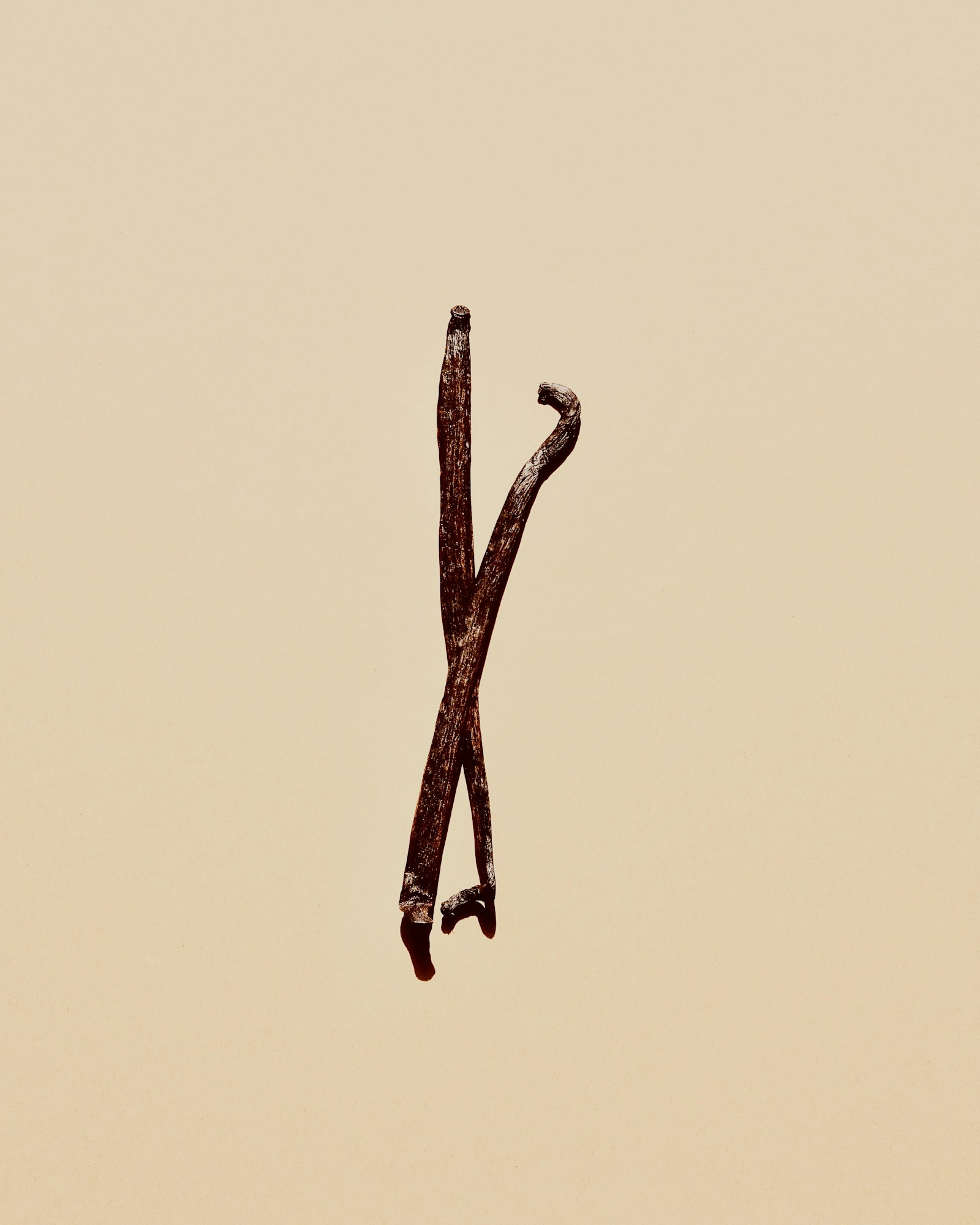 Crossed vanilla bean pods on a warm background
